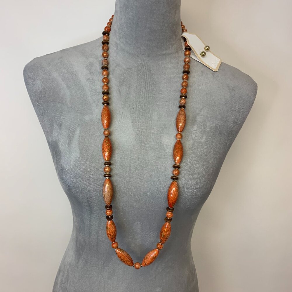 Necklace Jewelry Set Faux Orange Stones 18 Inches And Pierced Earrings NWT